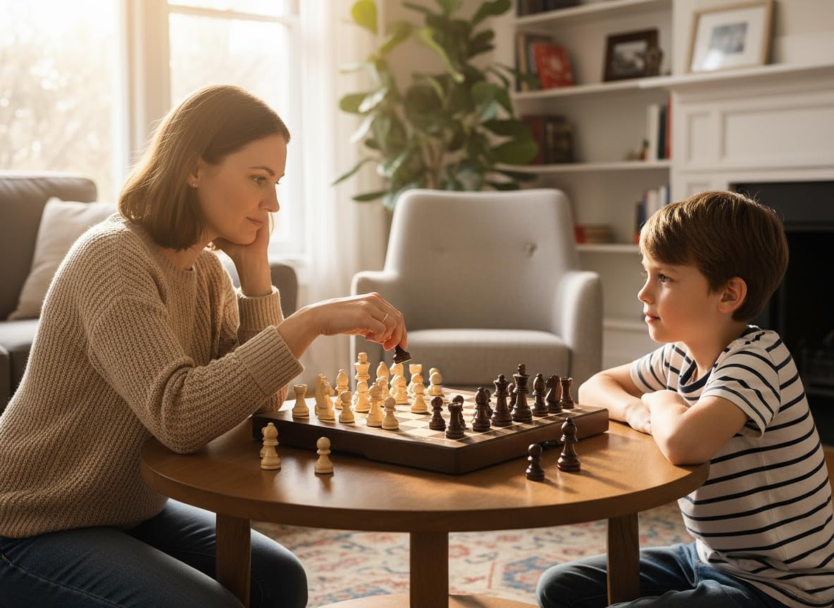 BESTCHIC folding chess board with magnetic pieces secured for travel