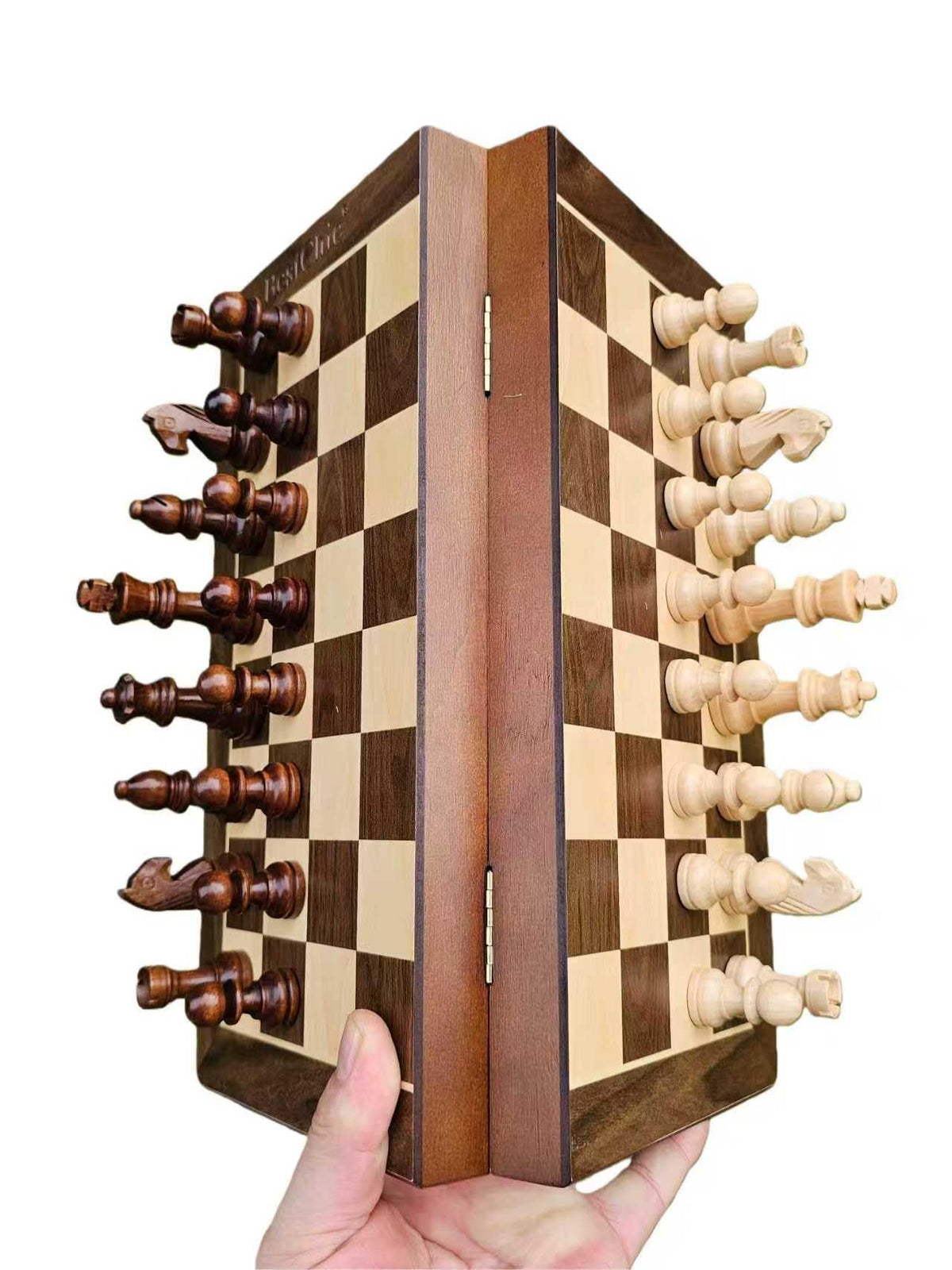 BESTCHIC magnetic travel wooden chess set on a 12-inch board for steady play on the go