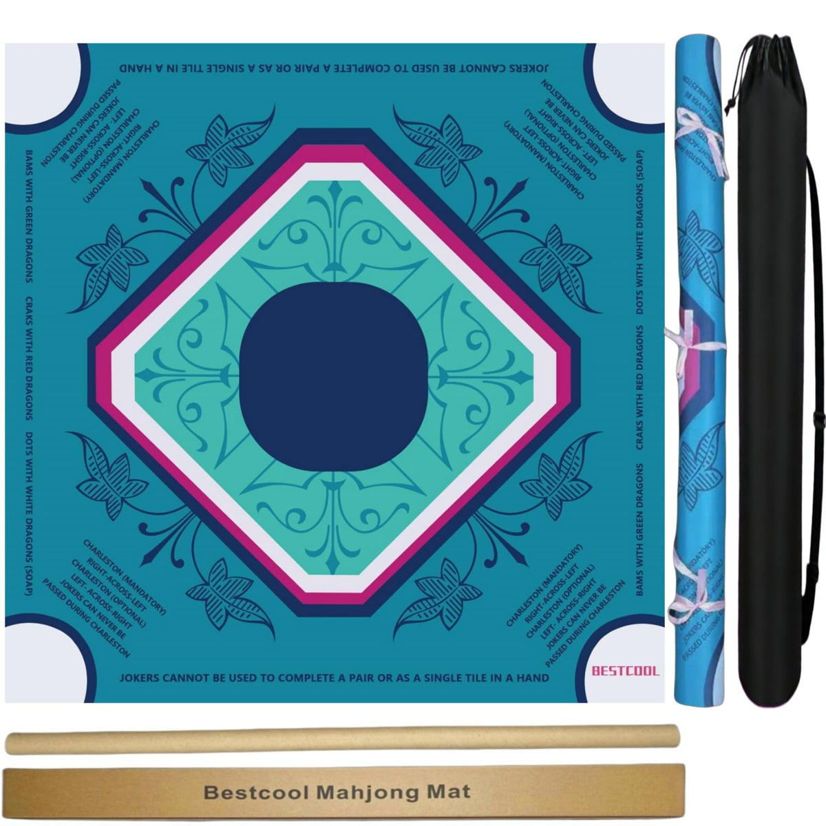 BestCool mahjong mat with rules shows anti-slip backing for stable play.