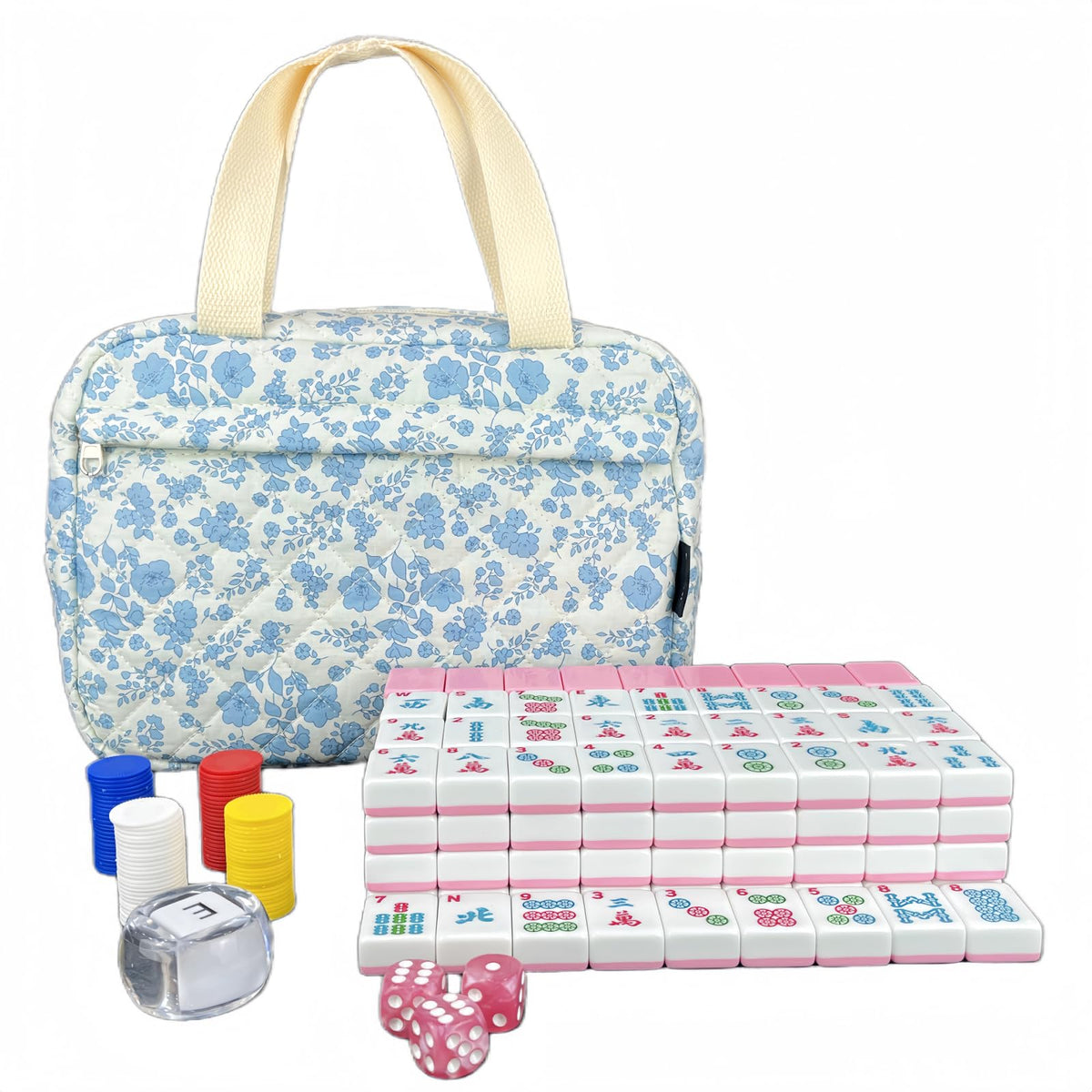 Bestcool Mahjong set full view with floral bag for on-the-go play