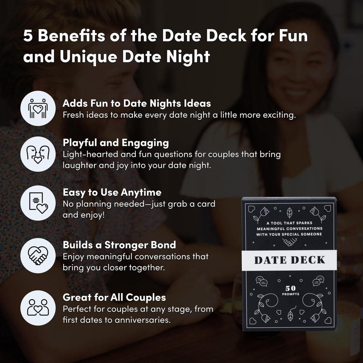 Closeup of Date Deck prompts highlighting engaging questions for connection