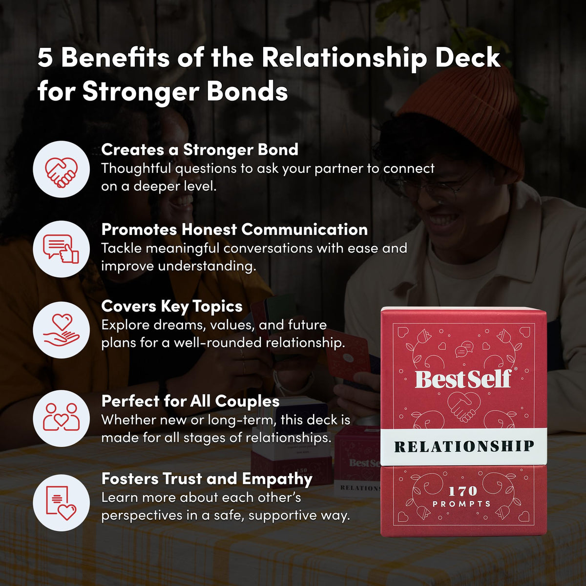BestSelf Relationship Deck prompts across six categories for deeper conversations.