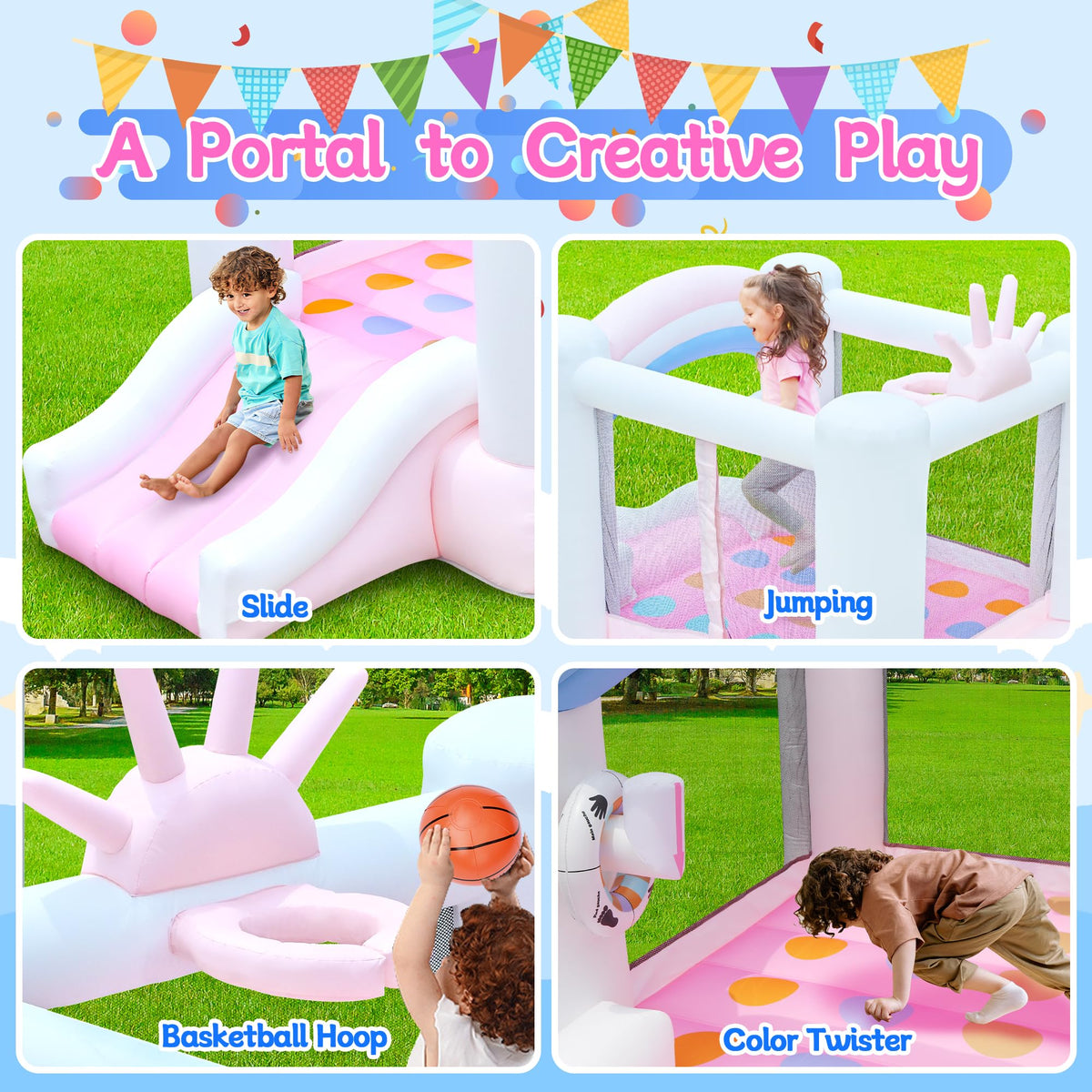 Bestsun bounce house basketball hoop adds extra interactive fun.