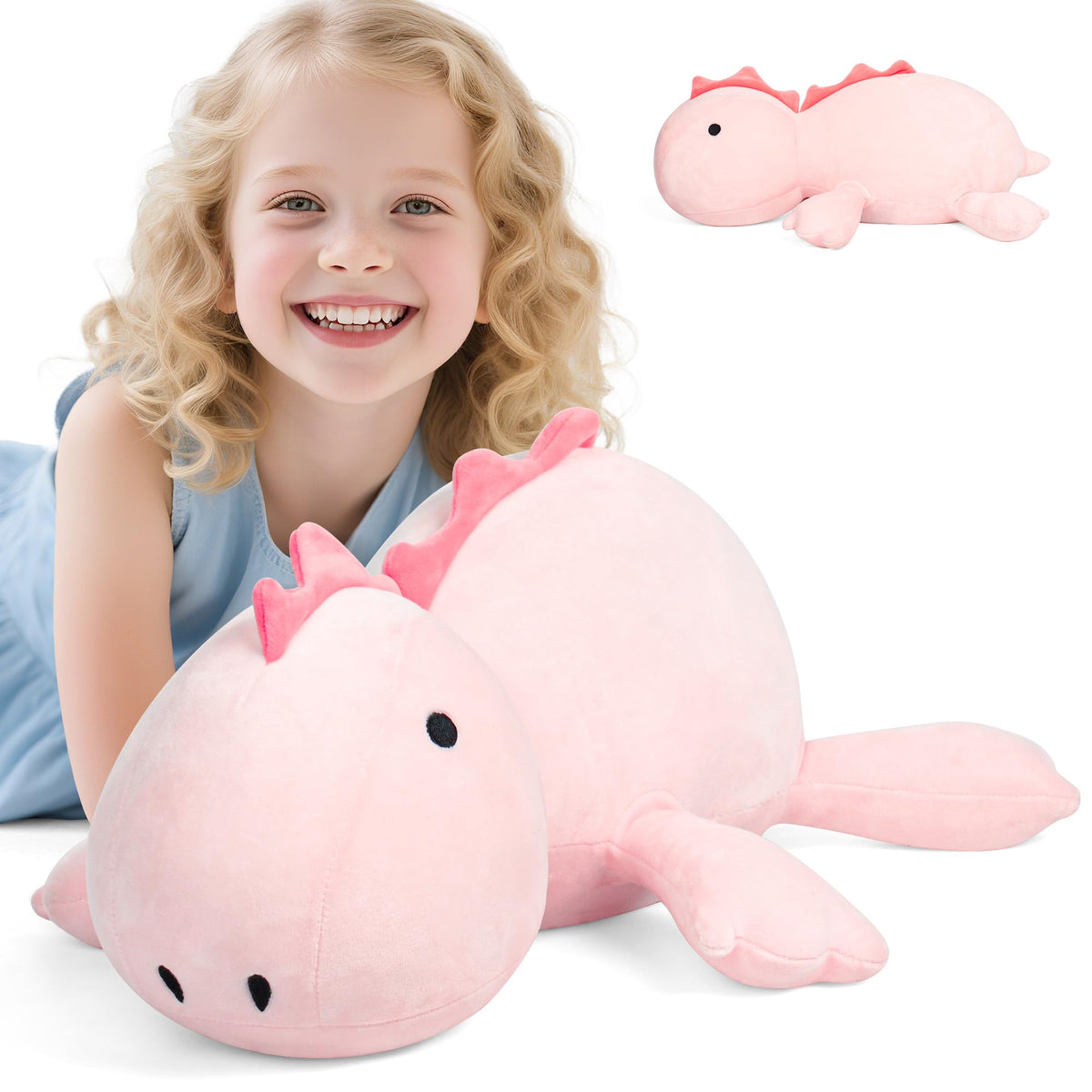 BestVive pink weighted dinosaur plush, 24-inch, front view for cozy cuddling.