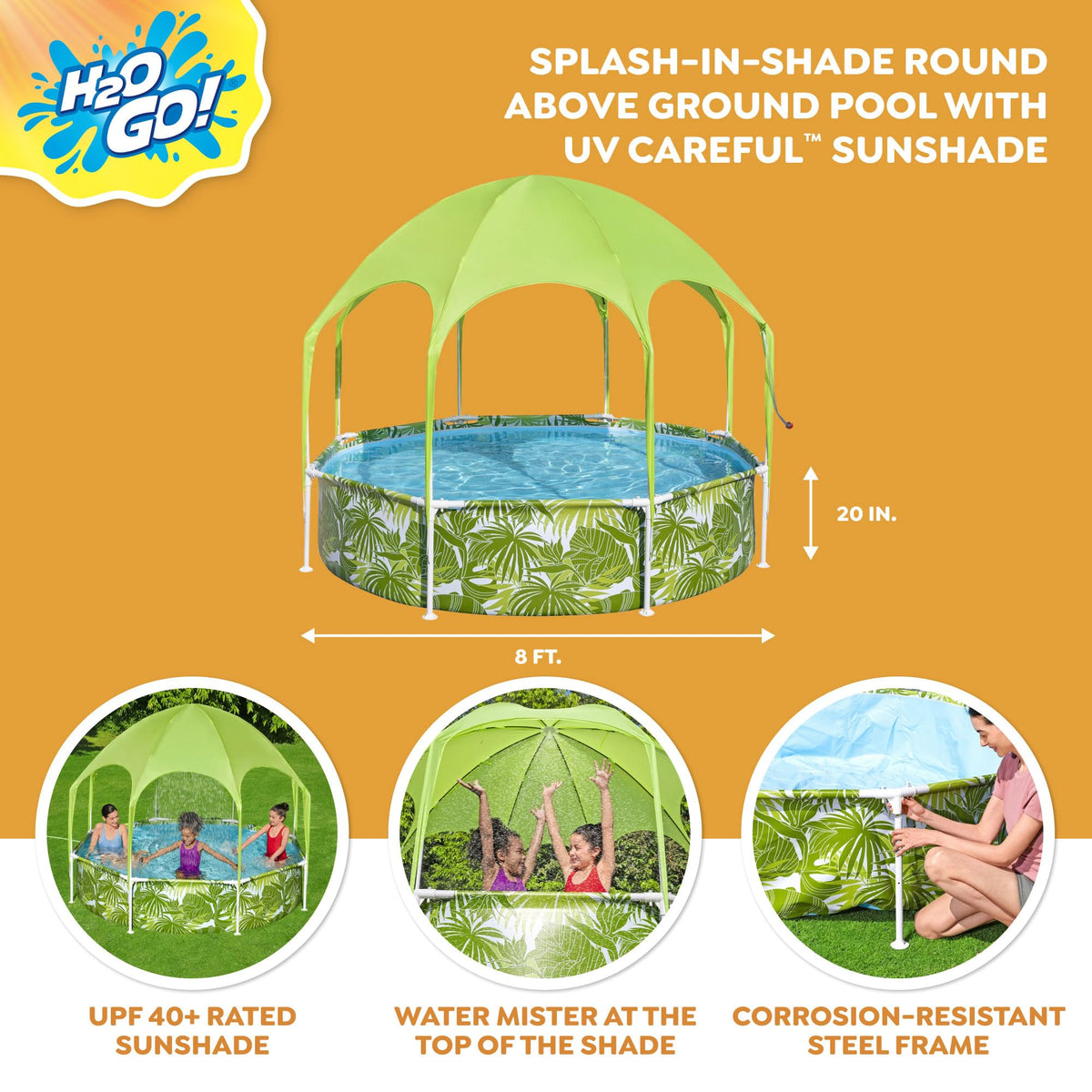 Bestway H2OGO water mister on top of the shade for cooling spray.