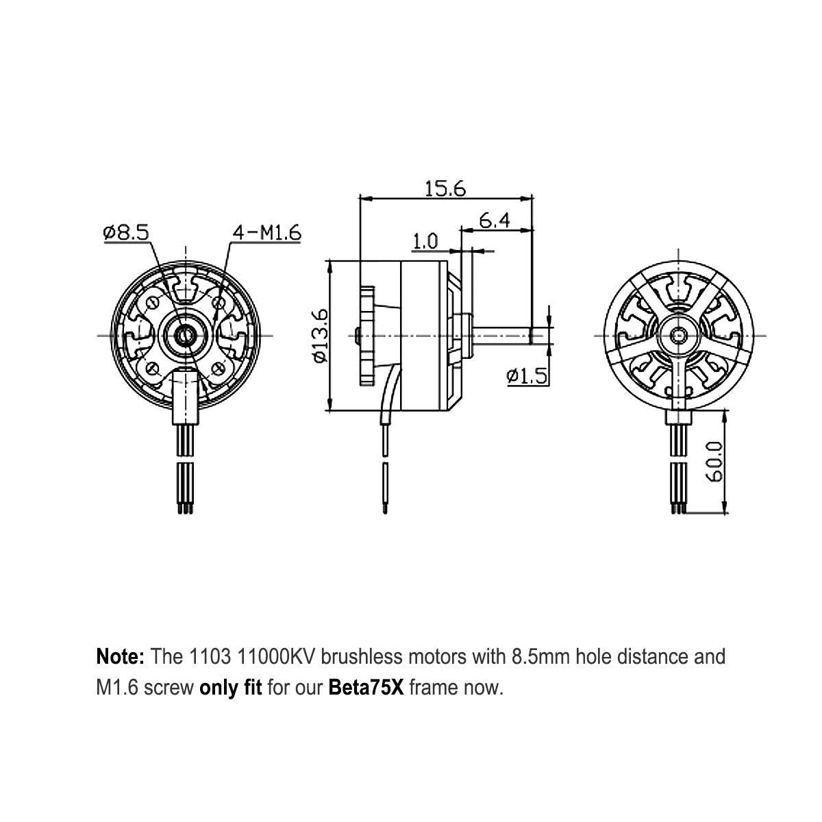 BETAFPV 1103 11000KV motor side profile shows lightweight, efficient design