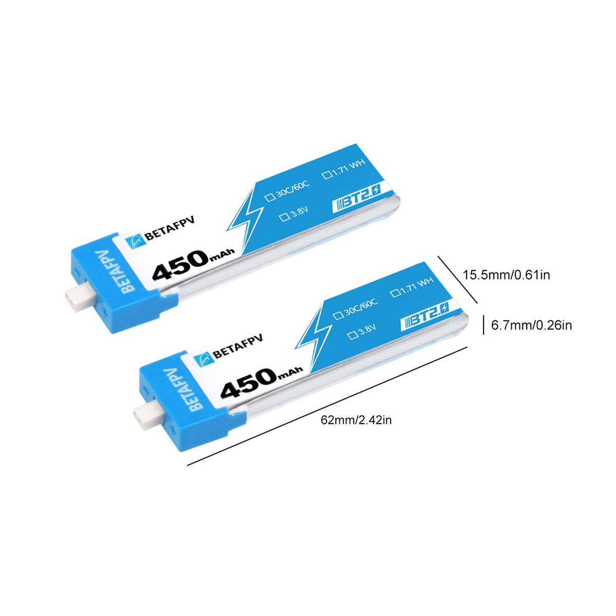 BETAFPV BT2.0 450mAh 1S battery dimensions highlight ultra-compact form for tiny quads