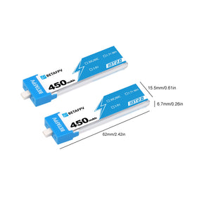 BETAFPV BT2.0 450mAh 1S battery dimensions highlight ultra-compact form for tiny quads