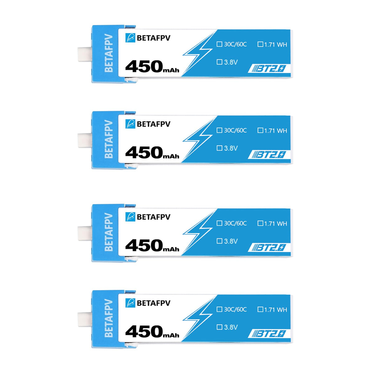 BETAFPV BT2.0 450mAh 1S battery front view for stable micro drone power