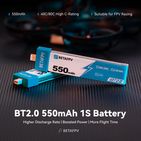 BETAFPV BT2.0 550mAh 1S battery side view showing slim profile for tight drone bays
