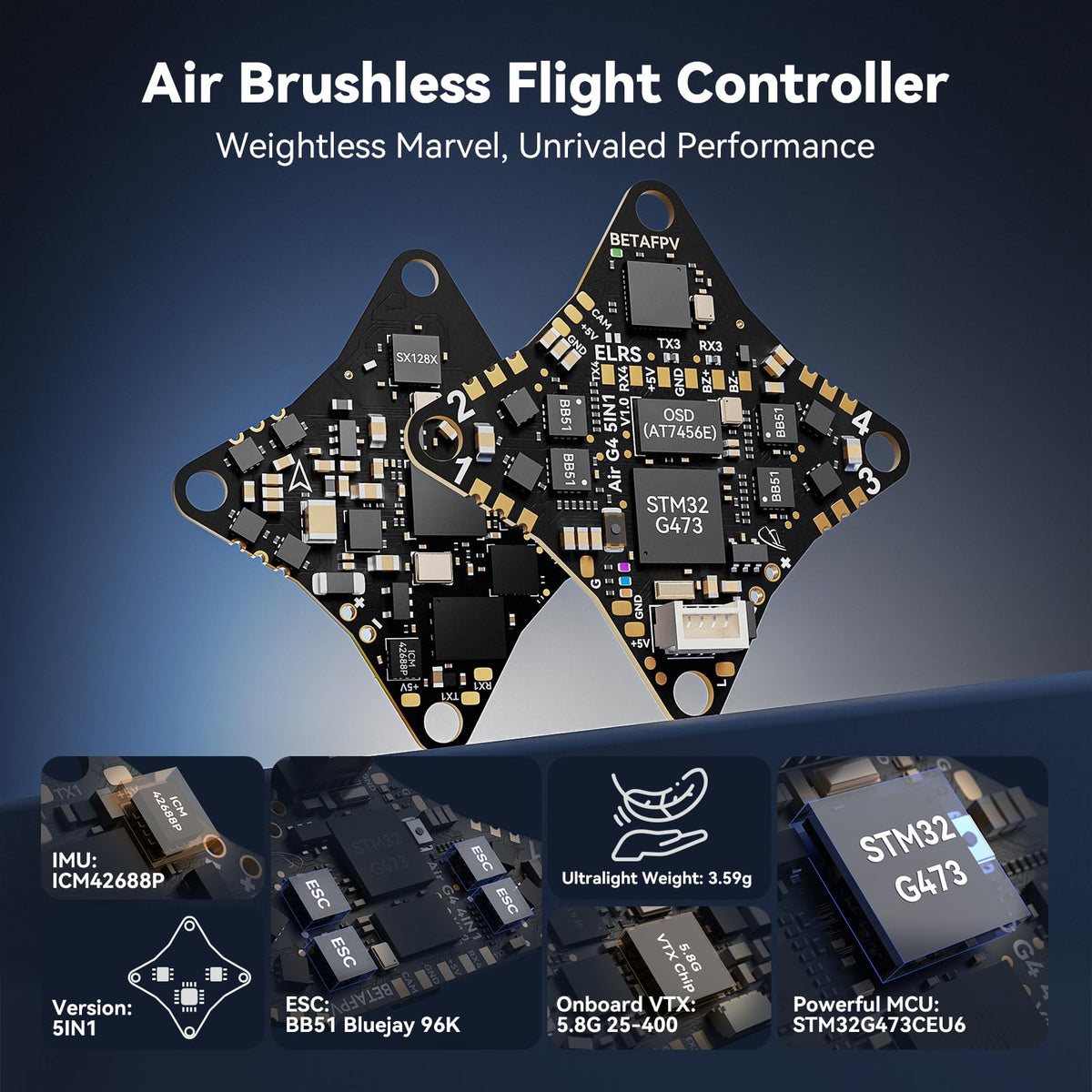 BETAFPV ELRS V3 Air65 FC PCB highlights 5IN1 flight controller integration