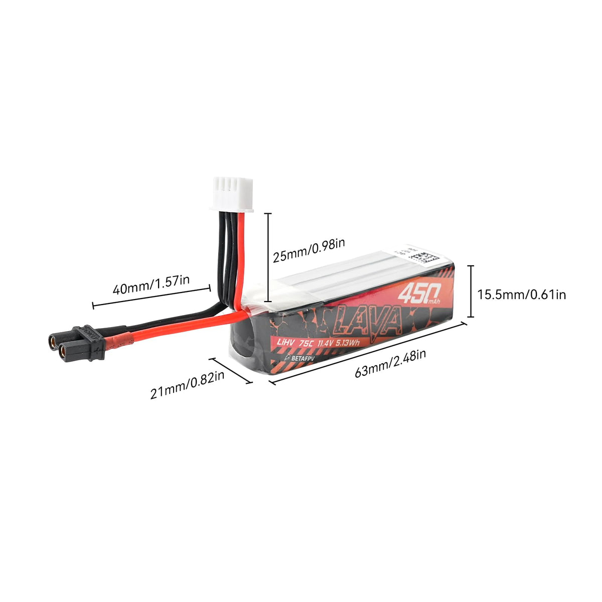 BETAFPV Lava 450mAh 3S battery side profile, supports bursts for agile maneuvers.