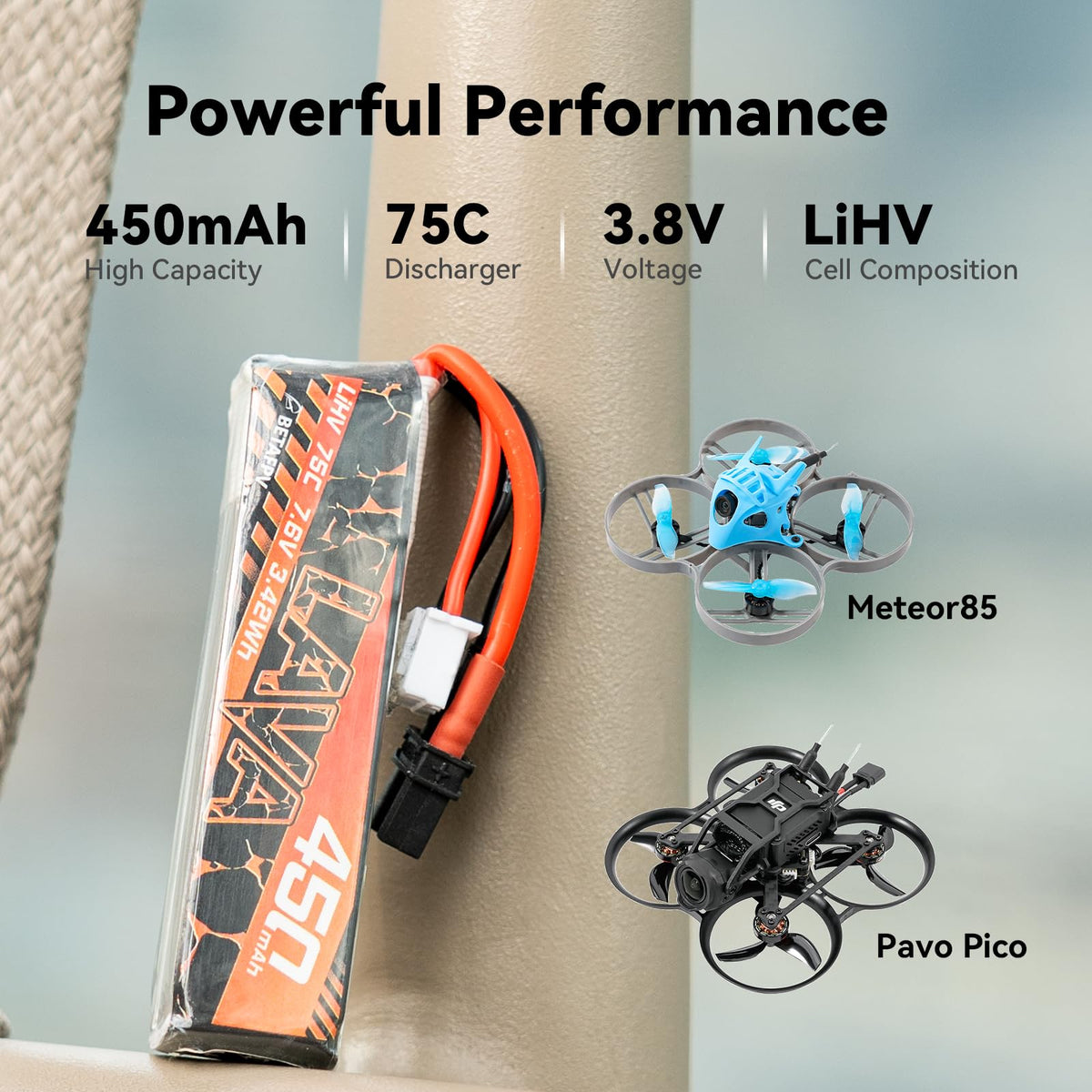 75C discharge enables strong bursts for FPV racing.