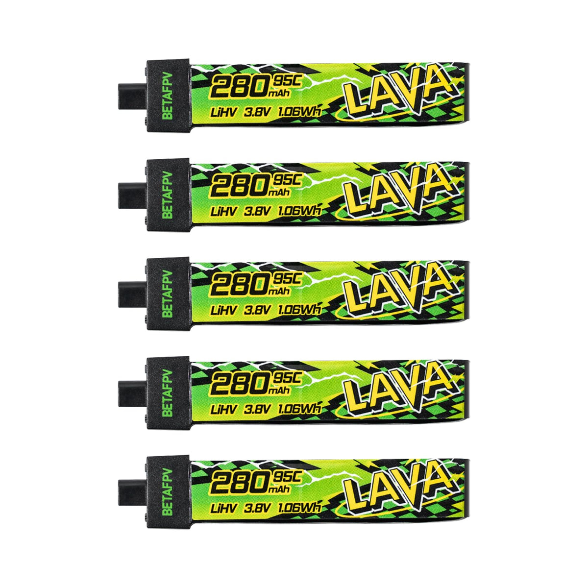 BETAFPV LAVA II 280mAh battery side view showing BT2.0 connector for Tiny Whoop drones.