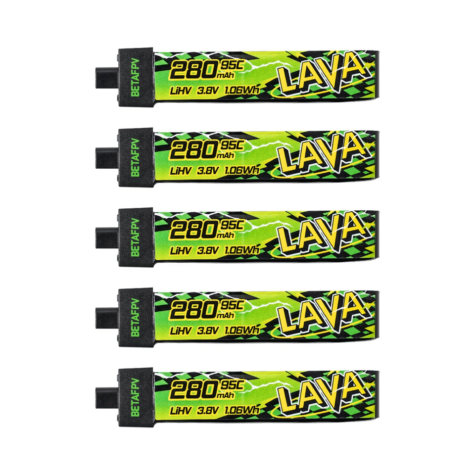 BETAFPV LAVA II 280mAh battery side view showing BT2.0 connector for Tiny Whoop drones.