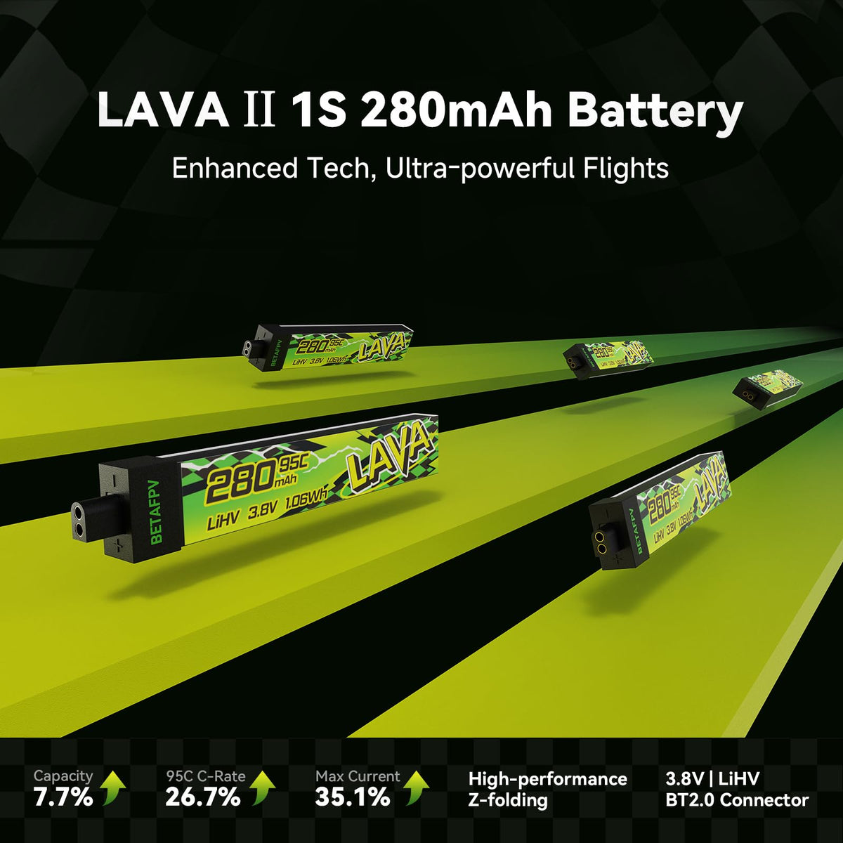BETAFPV LAVA II 280mAh battery top view with compact profile for small quads.