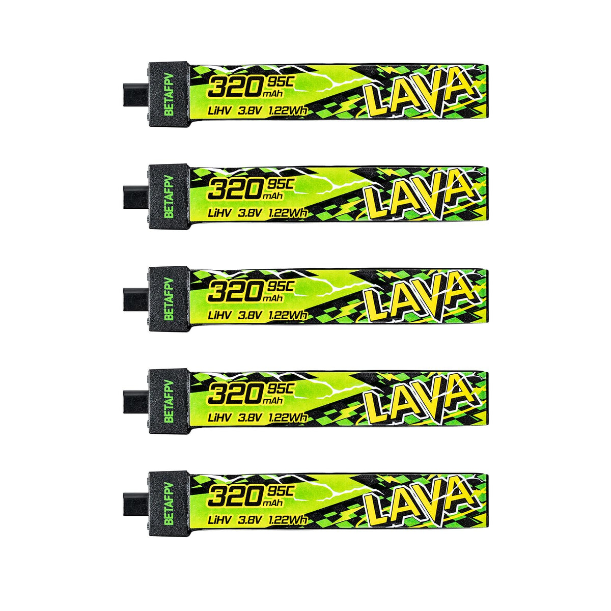 Betafpv Lava II 320mAh battery front view with green and yellow livery