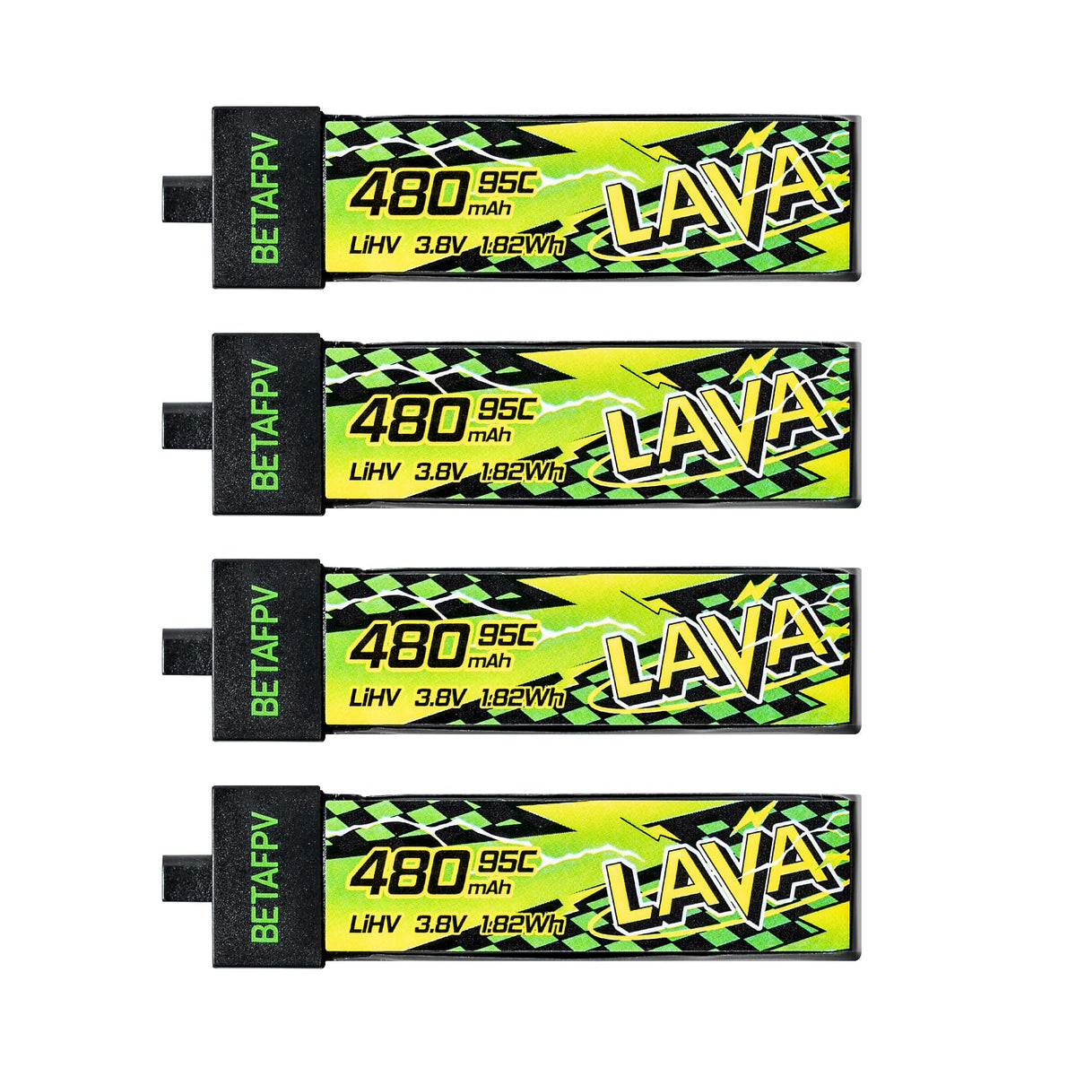BETAFPV Lava II 480mAh close-up highlights 95C power for quick throttle.