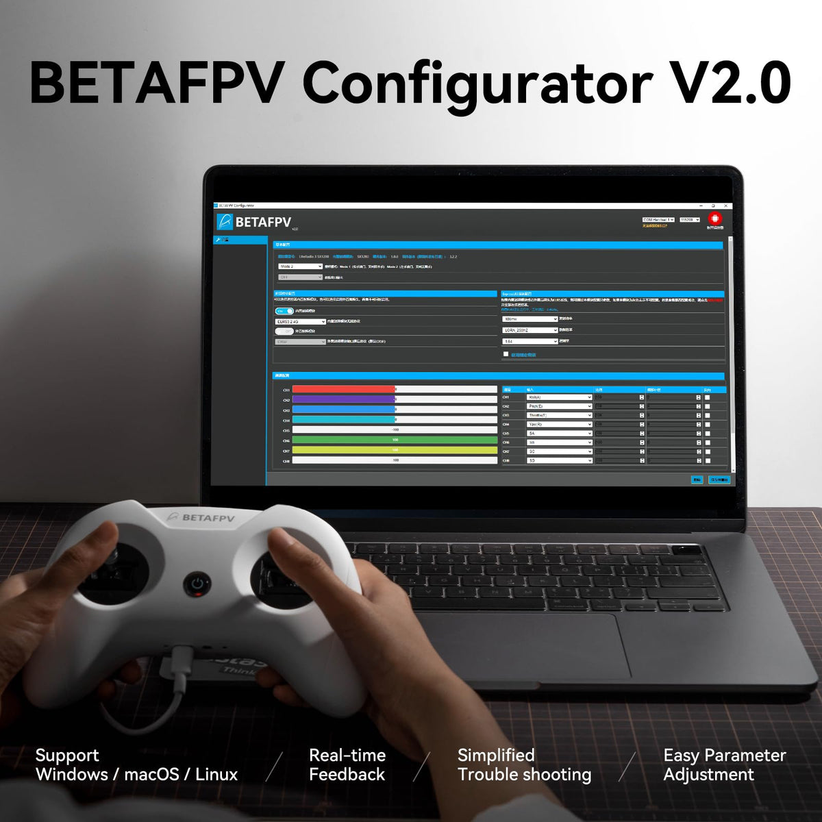 BETAFPV LiteRadio 2 SE top view showing accessible controls for quick adjustments.