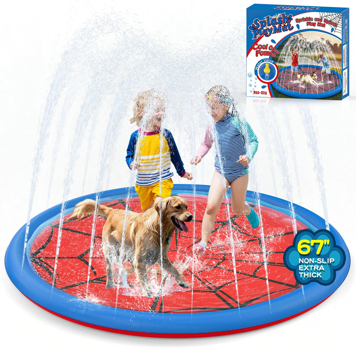 Betheaces non-slip splash pad showing kids and dogs on a 67-inch surface outdoors for safe play