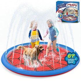Betheaces non-slip splash pad showing kids and dogs on a 67-inch surface outdoors for safe play