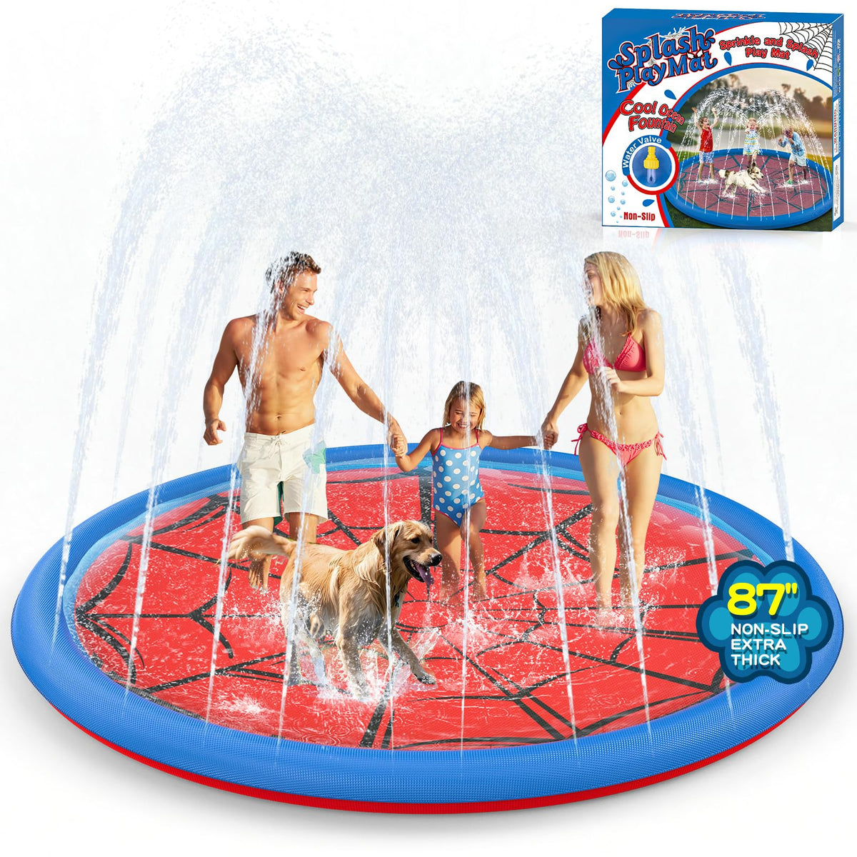 Betheaces splash pad 87-inch outdoor sprinkler offers large family and pet cooling fun.