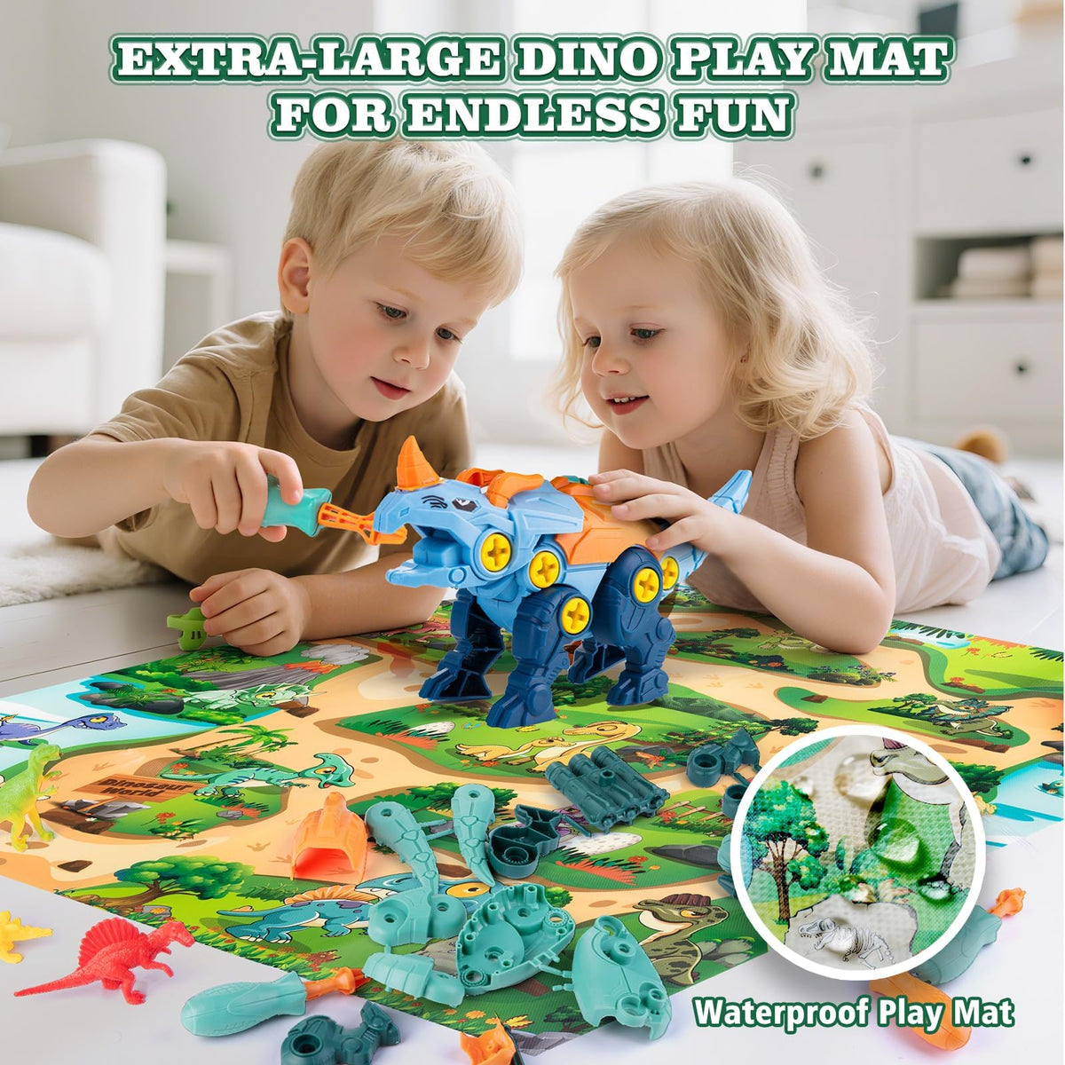 BETLYS Dinosaur play mat shows large space for group Jurassic adventures.