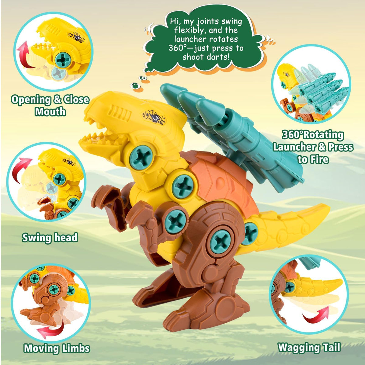 BETLYS Dinosaur yellow T-Rex assembly encourages STEM-style exploration and creative construction.