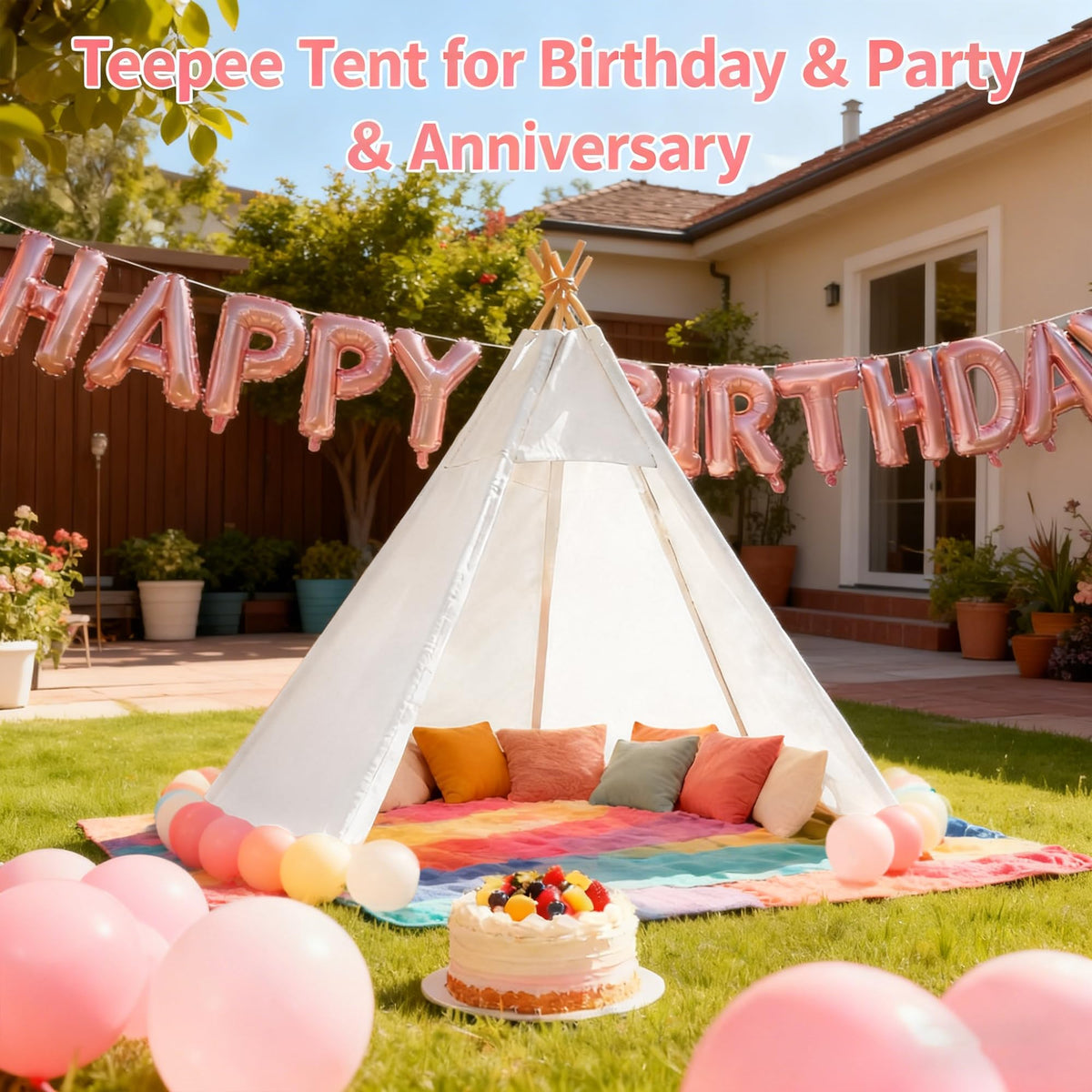 Betterhood white teepee tent for birthday celebrations and gifts.