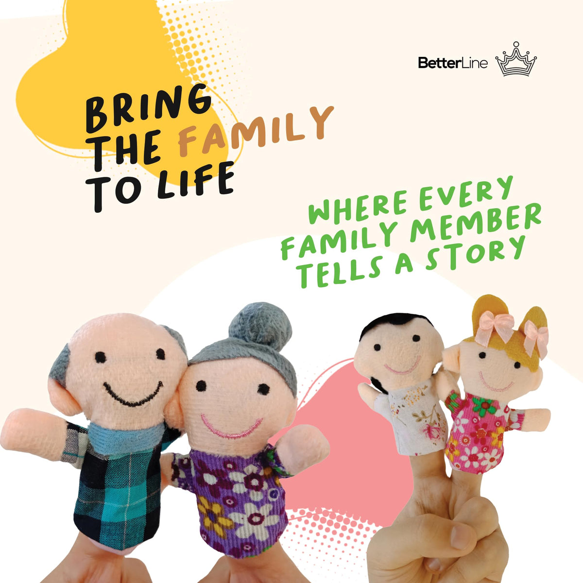 BETTERLINE Story Time Finger Puppets mom family member, introduces family roles through play.