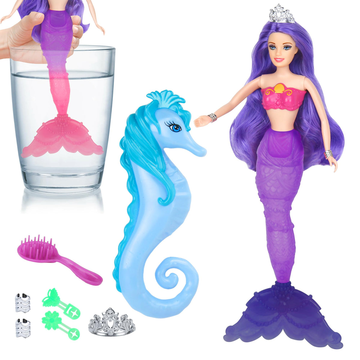 BETTINA color-change mermaid doll tail reveals pink-to-purple hues in warm water