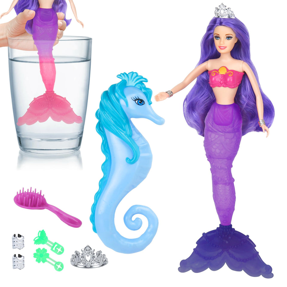 BETTINA color-change mermaid doll tail reveals pink-to-purple hues in warm water