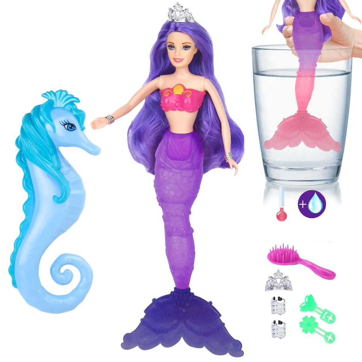 BETTINA Color Change Mermaid Doll tail shifts from purple to pink when heated, enhancing imaginative play
