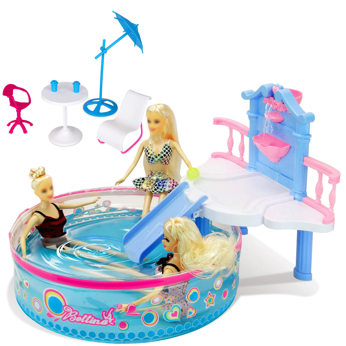 BETTINA Glam Deluxe doll pool setup with 12.5-inch pool for cooperative outdoor play