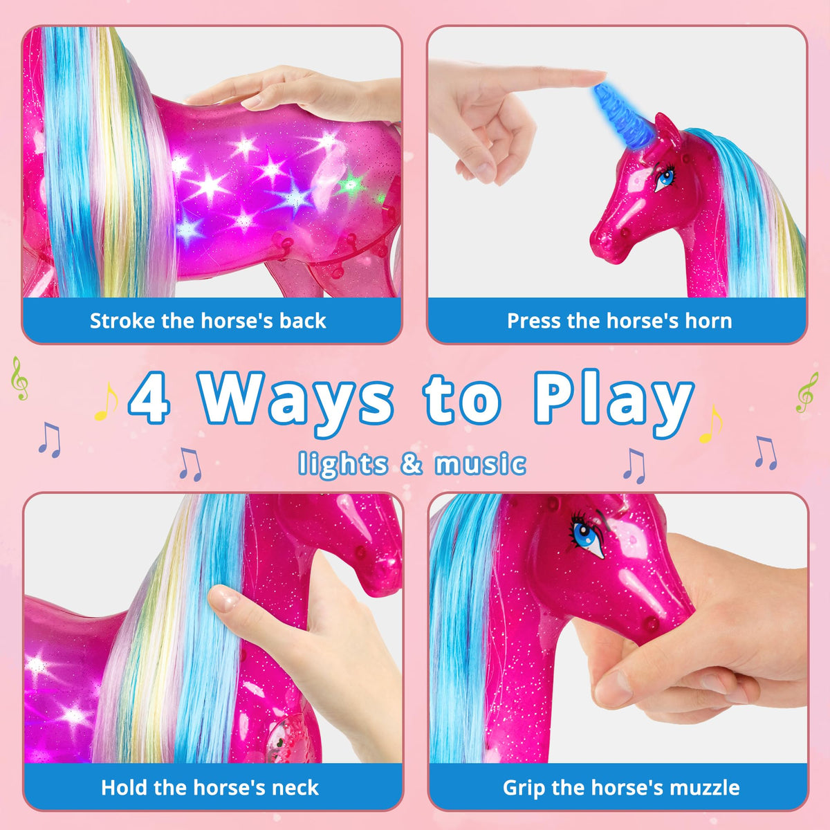 BETTINA interaction: stroking the unicorn's back triggers music and lights.