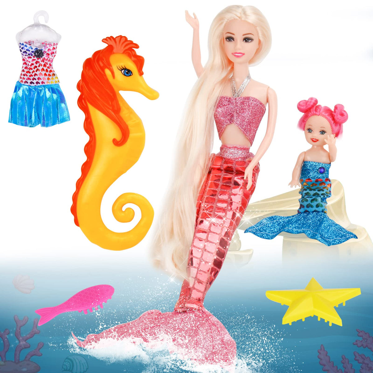 Bettina brushes with starfish and fish for grooming play.