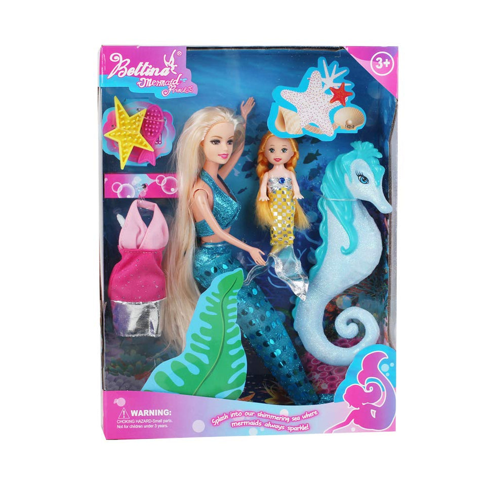 BETTINA mermaids princess doll with small mermaid and seahorse for imaginative play