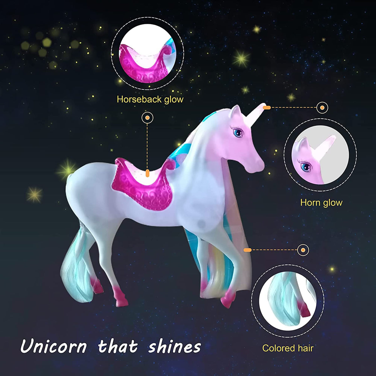 BETTINA unicorn doll light-up horn and pink saddle for magical moments