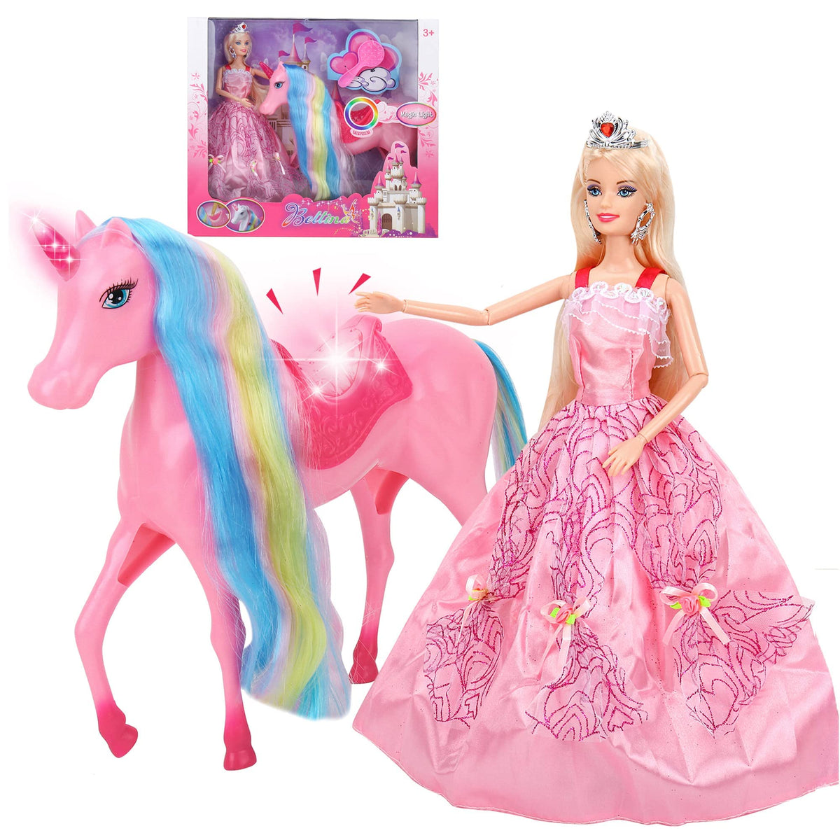 BETTINA Unicorn Princess doll light-up saddle for magical evening play