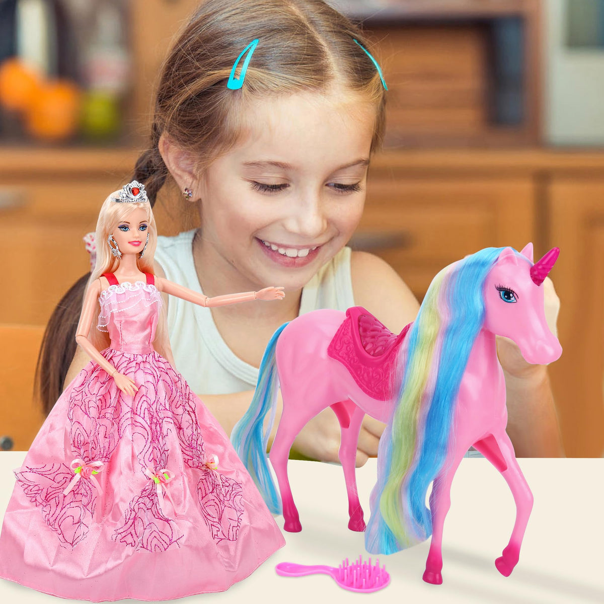 BETTINA Unicorn Princess doll seated on unicorn back for imaginative storytelling