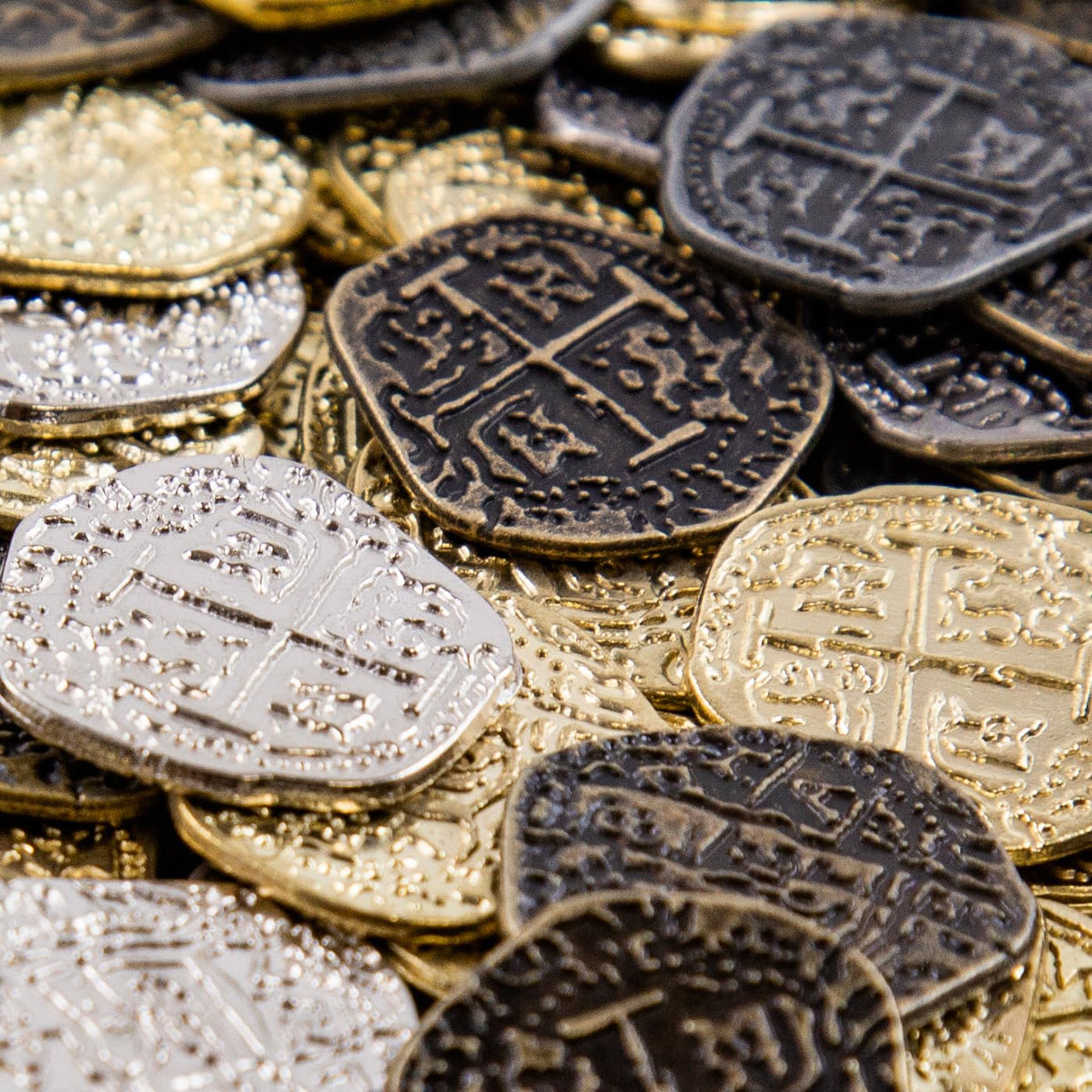Beverly Oaks pirate coins antique silver finish close-up ideal for cosplay props.