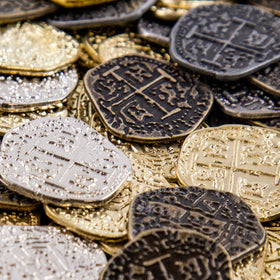 Beverly Oaks pirate coins antique silver finish close-up ideal for cosplay props.