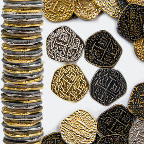 Beverly Oaks pirate coins gold doubloon front view for party decor and treasure-themed gifts.