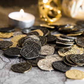 Beverly Oaks pirate coins rustic gold finish showcased for treasure chest displays.