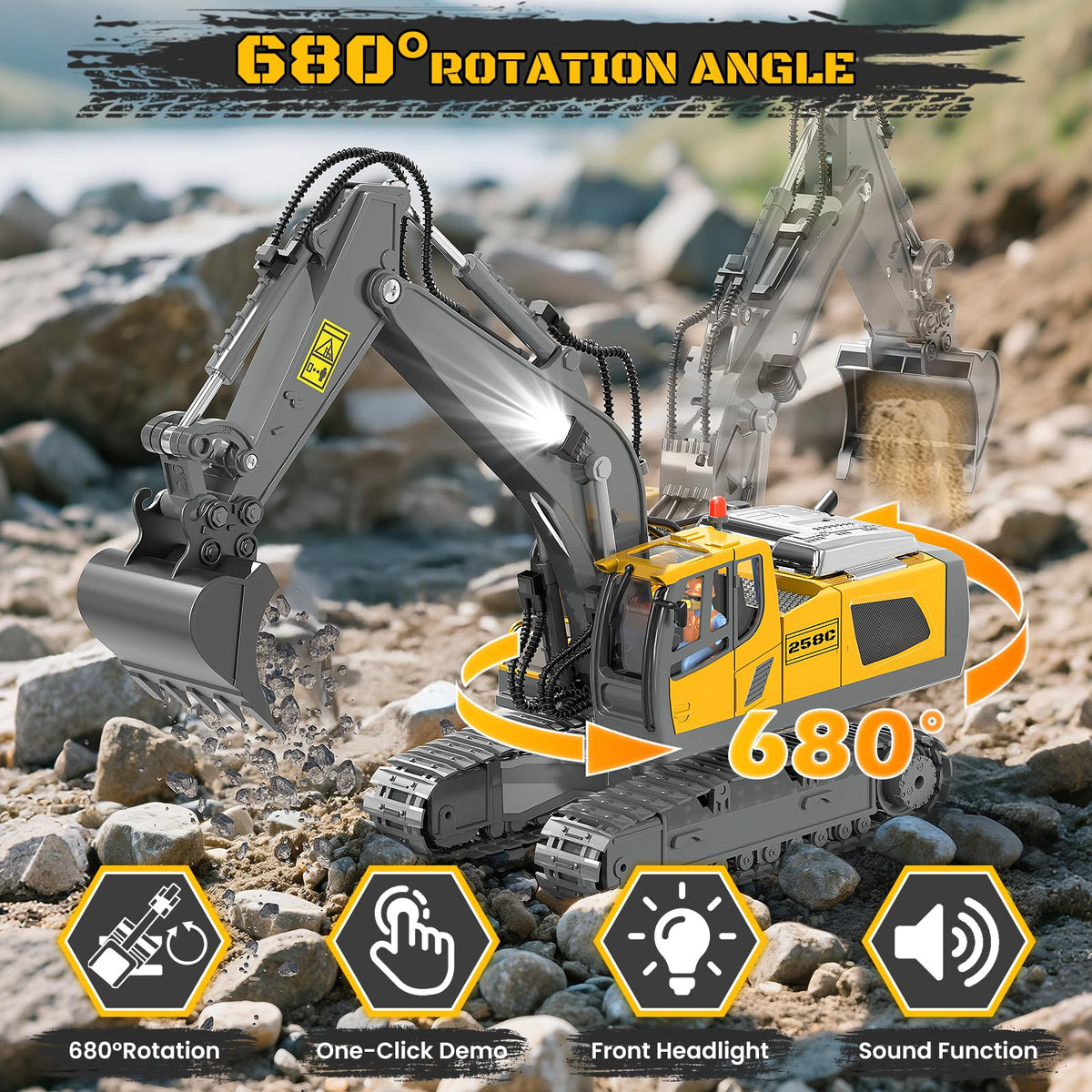 BEWEAI dual-battery RC excavator extends playtime for longer digging sessions