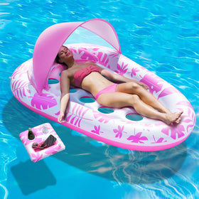 BEWEAI inflatable pool float with canopy provides shaded lounging for sunny lake days.