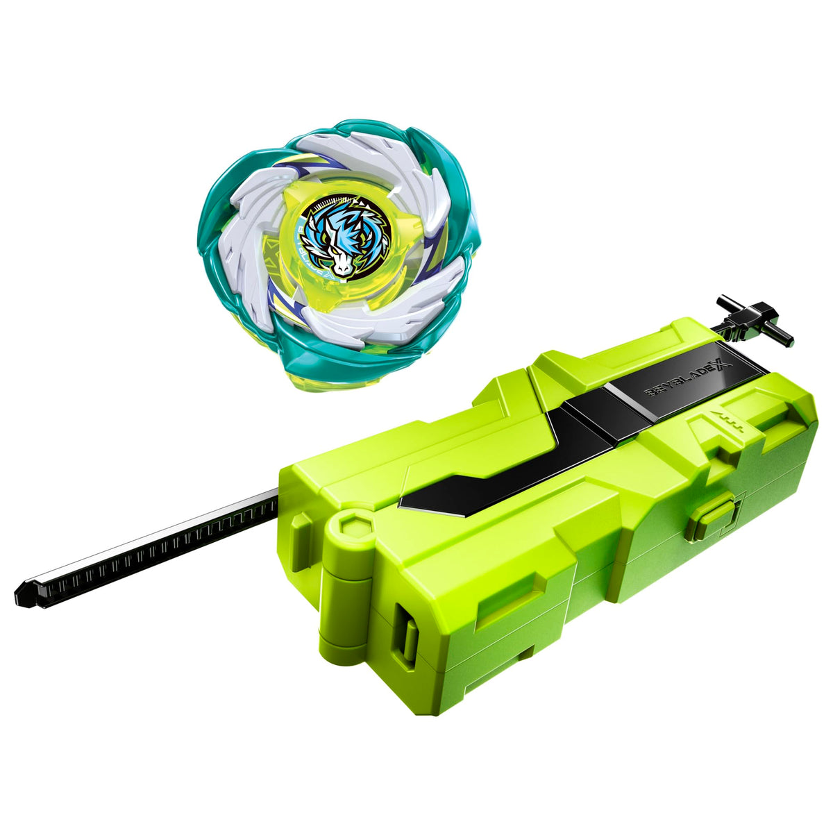 Beyblade X launcher clipped on a belt for portable battles