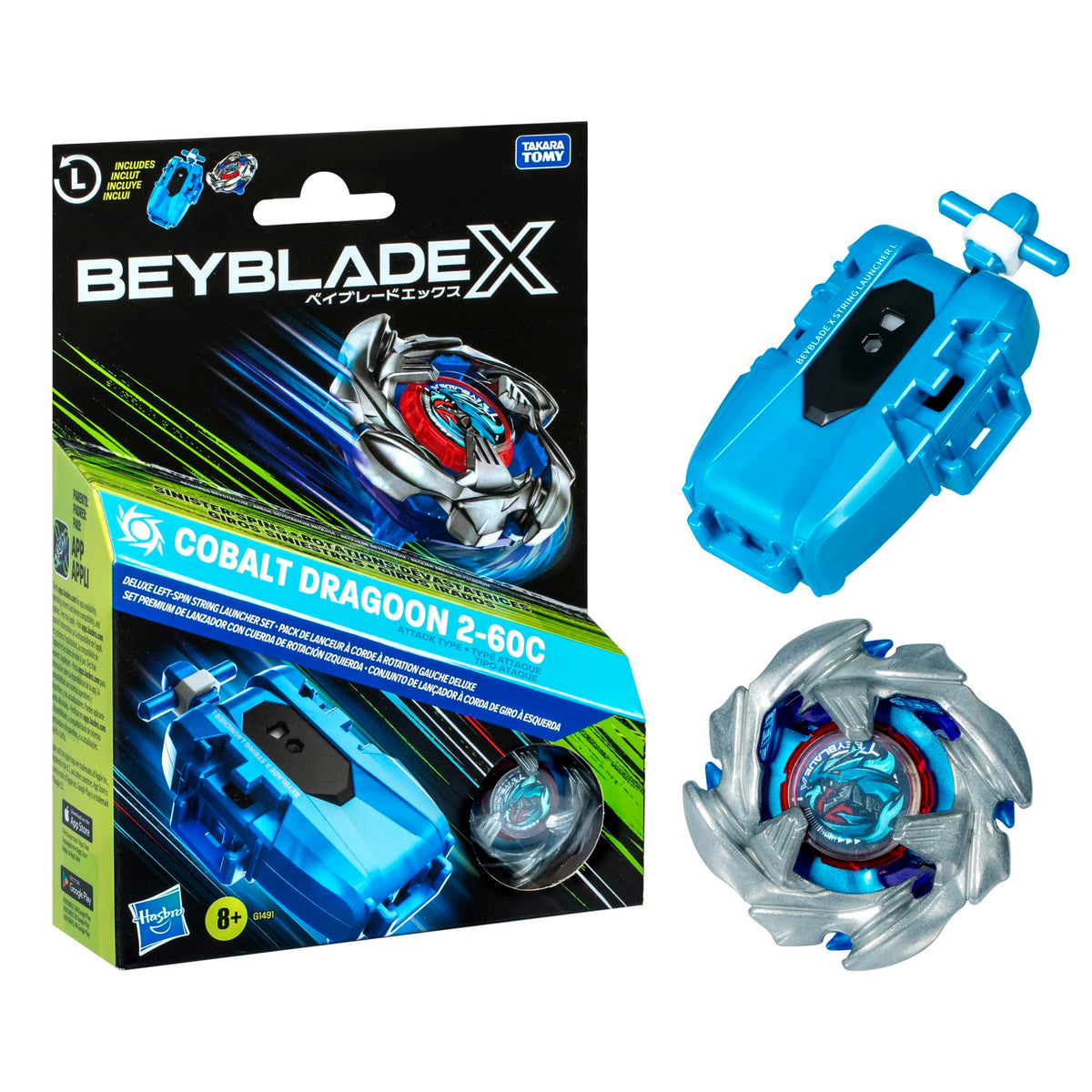 Beyblade X Cobalt Dragoon launcher ready for fast left-spin launches.