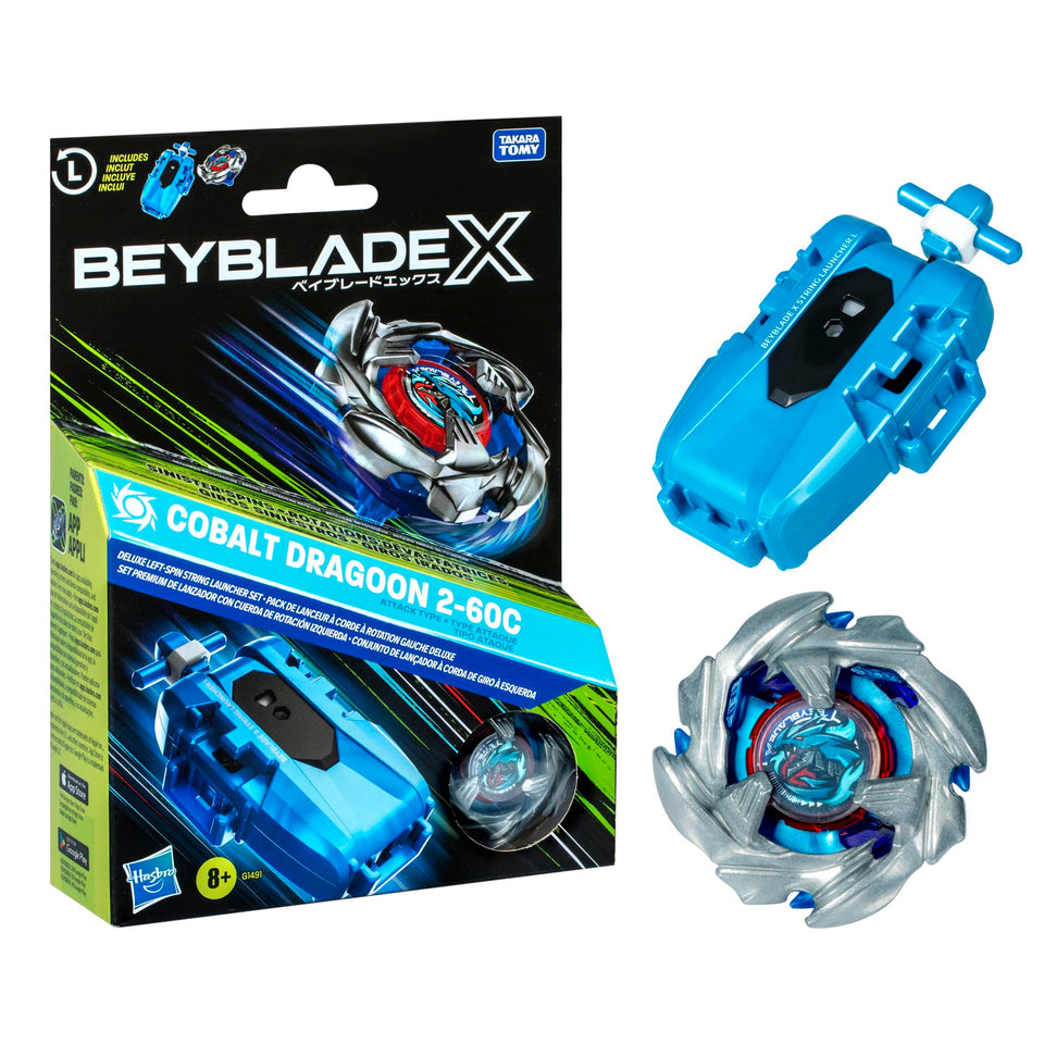 Beyblade X Cobalt Dragoon launcher ready for fast left-spin launches.