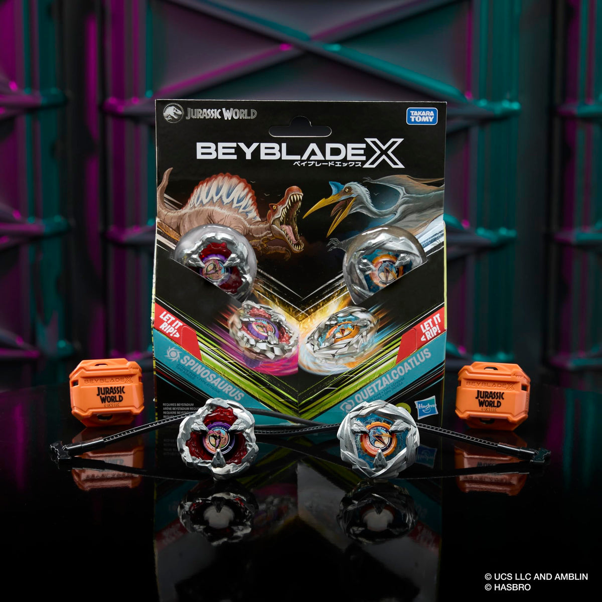 Beyblade X dino collab battle scene from Jurassic World crossover.